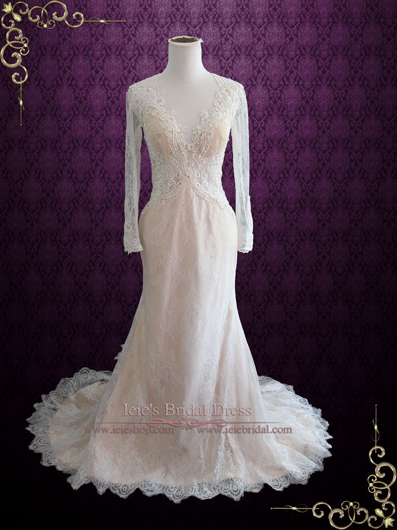 Vintage Style Keyhole Lace Wedding Dress with Plunging Neck | Amber