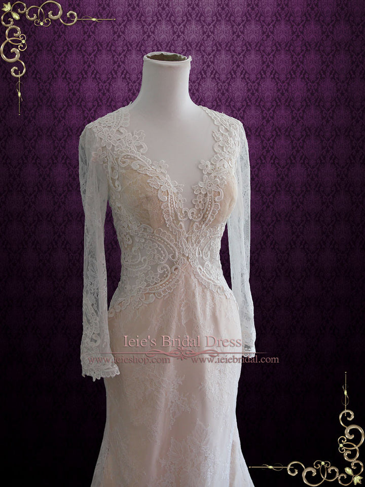 Vintage Style Keyhole Lace Wedding Dress with Plunging Neck | Amber