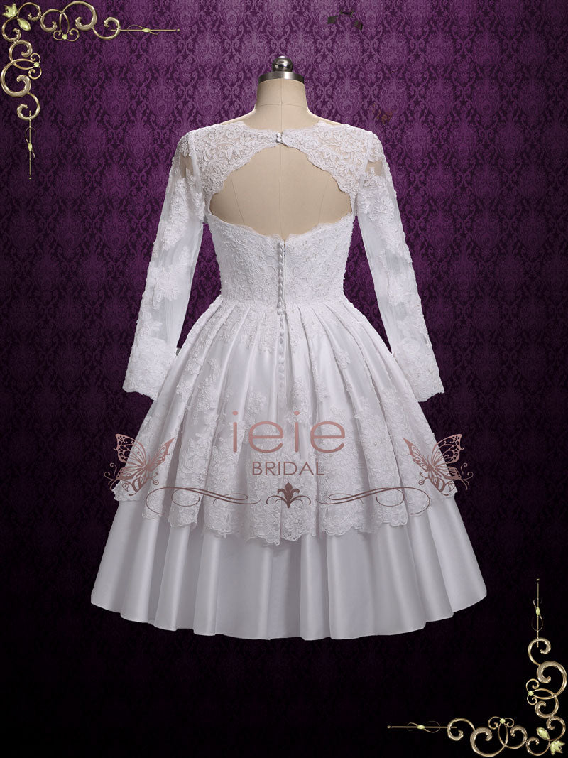 Vintage Tea Length Lace Wedding Dress with Long Sleeves ELLE