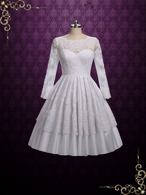 Vintage Tea Length Lace Wedding Dress with Long Sleeves ELLE