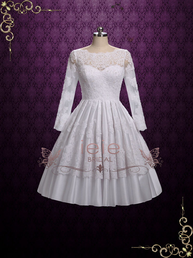 Vintage Tea Length Lace Wedding Dress with Long Sleeves ELLE