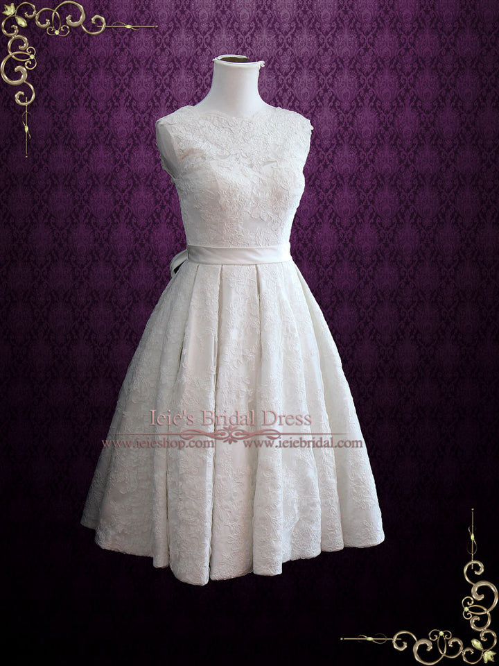 Vintage Style Lace Tea Length Wedding Dress with Pleated Skirt CAROLINE