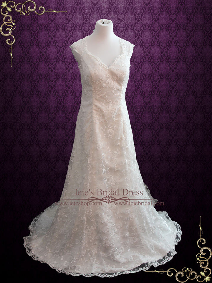 Vintage Style Lace A-line Wedding Dress with Cap Sleeves | Rosemary