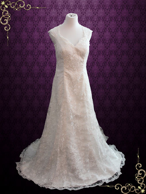 Vintage Style Lace A-line Wedding Dress with Cap Sleeves | Rosemary