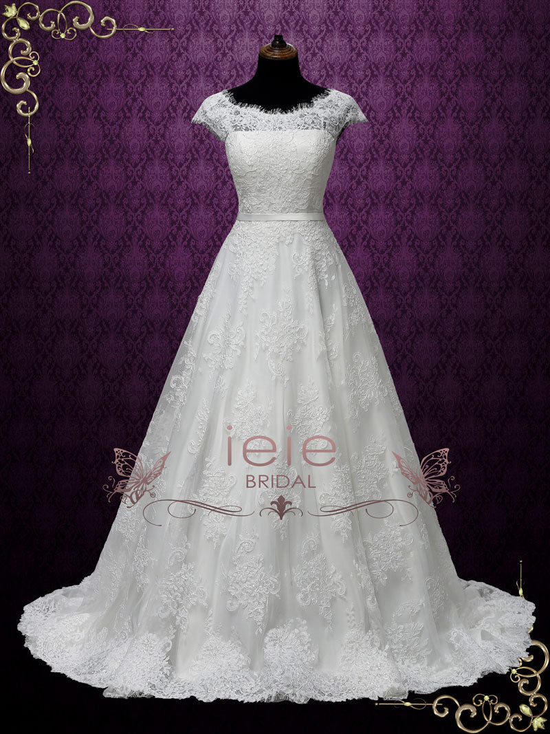 vintage lace wedding dress with train Vintage White Strapless Lace A-Line Wedding Dress with Scalloped Train SW220
