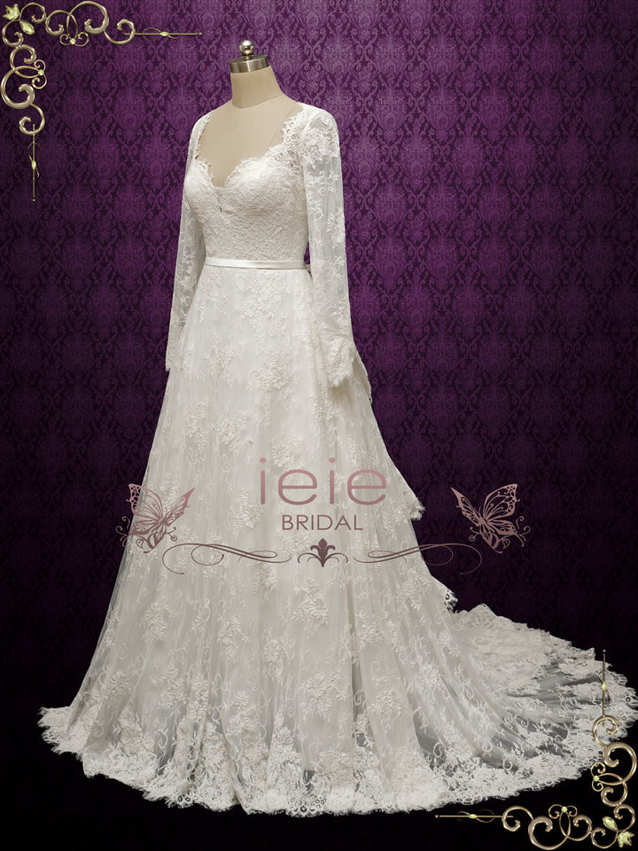 Vintage Inspired Lace Long Wedding Dress with Tiered Train ODETTE