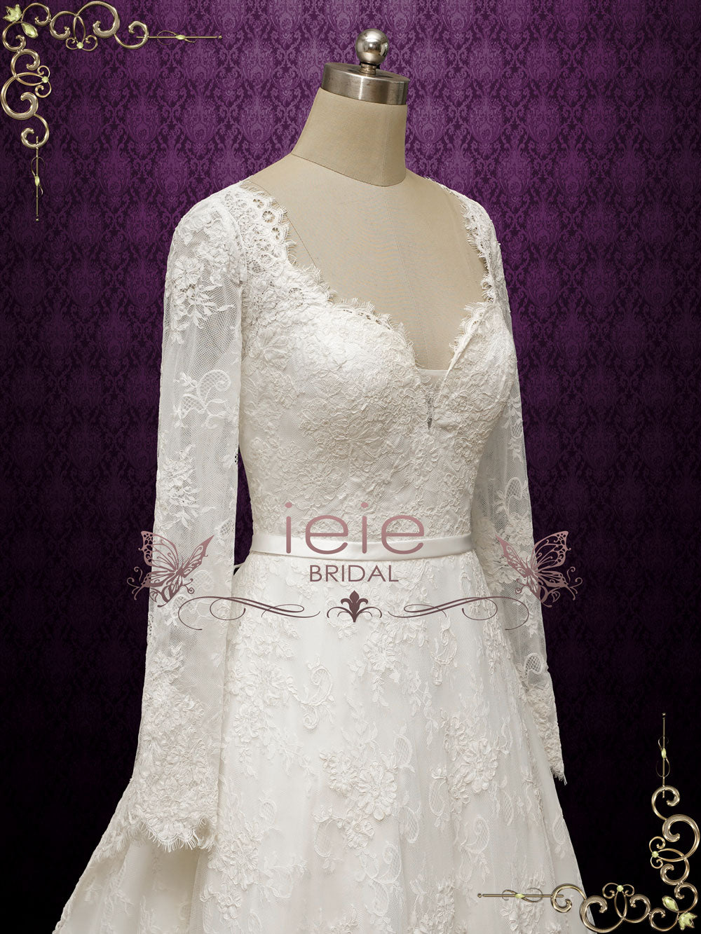 Vintage Inspired Lace Long Wedding Dress with Tiered Train ODETTE