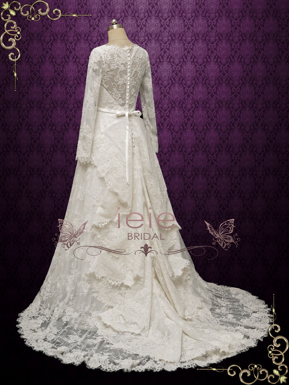 Vintage Inspired Lace Long Wedding Dress with Tiered Train ODETTE Size 2 / White