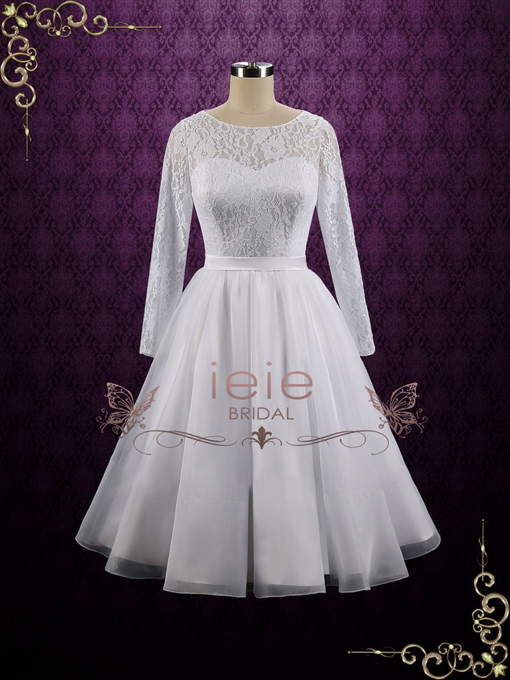 Vintage Style Modest Tea Length Wedding Dress with Long Sleeves CIERA Size 20W / White Vintage Style Modest Tea Length Wedding Dress with Long Sleeves CIERA Size 20W / White