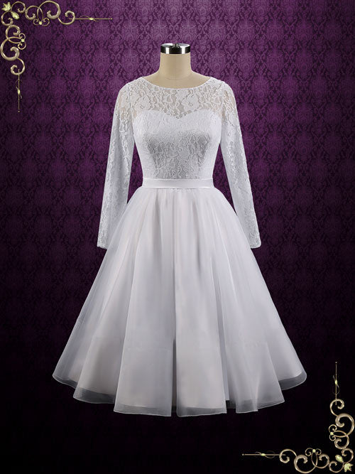 Vintage Style Modest Tea Length Wedding Dress with Long Sleeves CIERA Size 20W / White