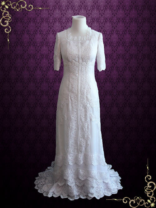 Vintage Style Modest Lace Silk Wedding Dress with Sleeves CASSANDRA