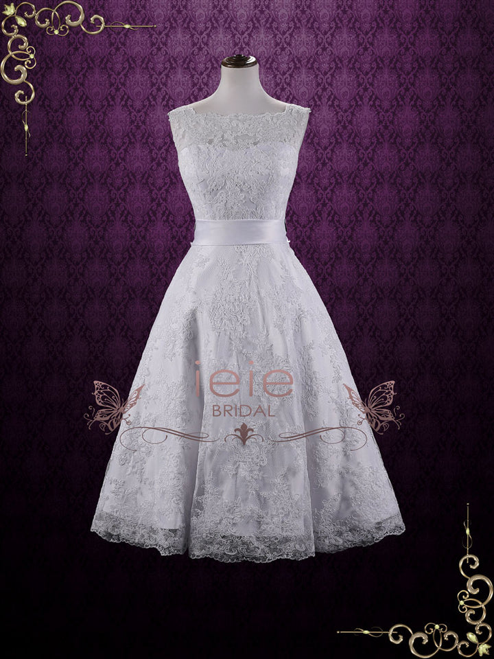 Retro Boat Neck Lace Tea Length Wedding Dress ELAINE Size 6 / White Retro Boat Neck Lace Tea Length Wedding Dress ELAINE Size 6 / White