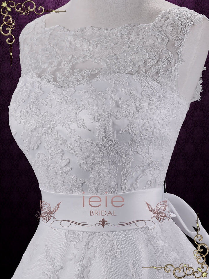Retro Boat Neck Lace Tea Length Wedding Dress ELAINE