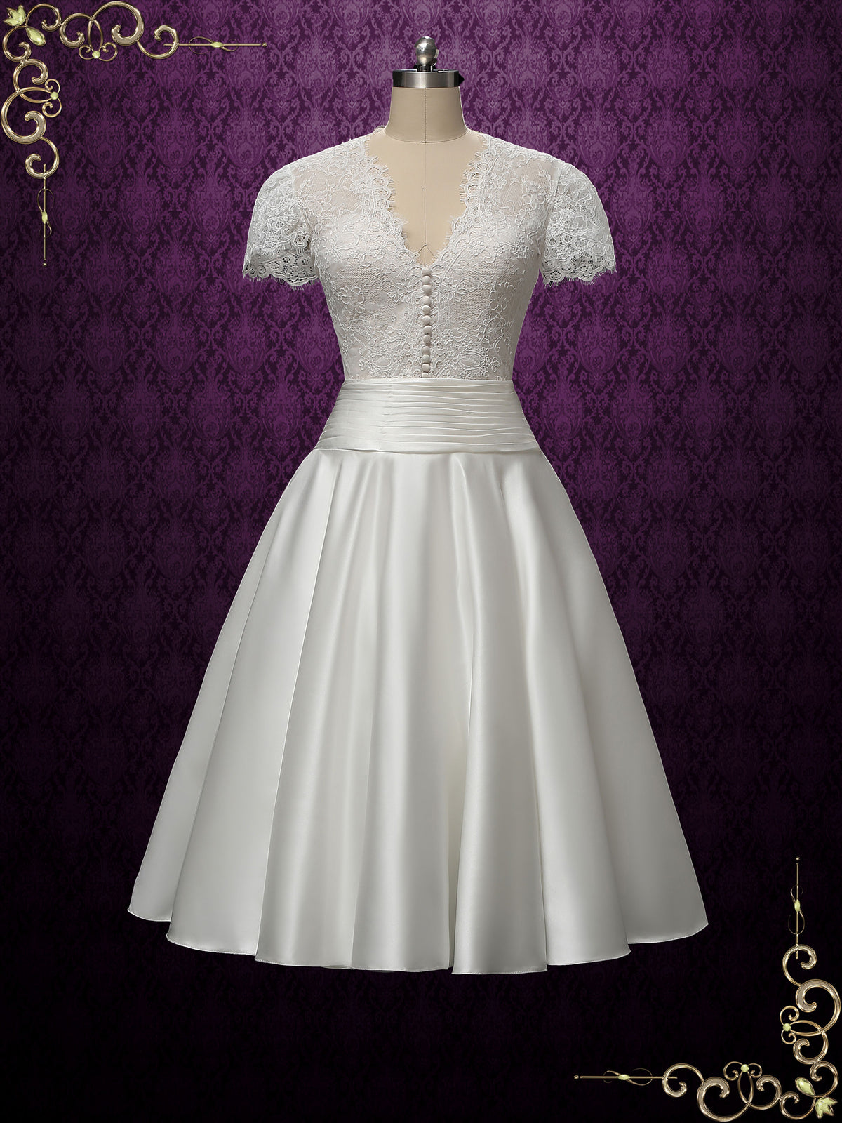 vintage style tea length wedding dresses Vintage Style Tea Length Wedding Dress with Short Sleeves