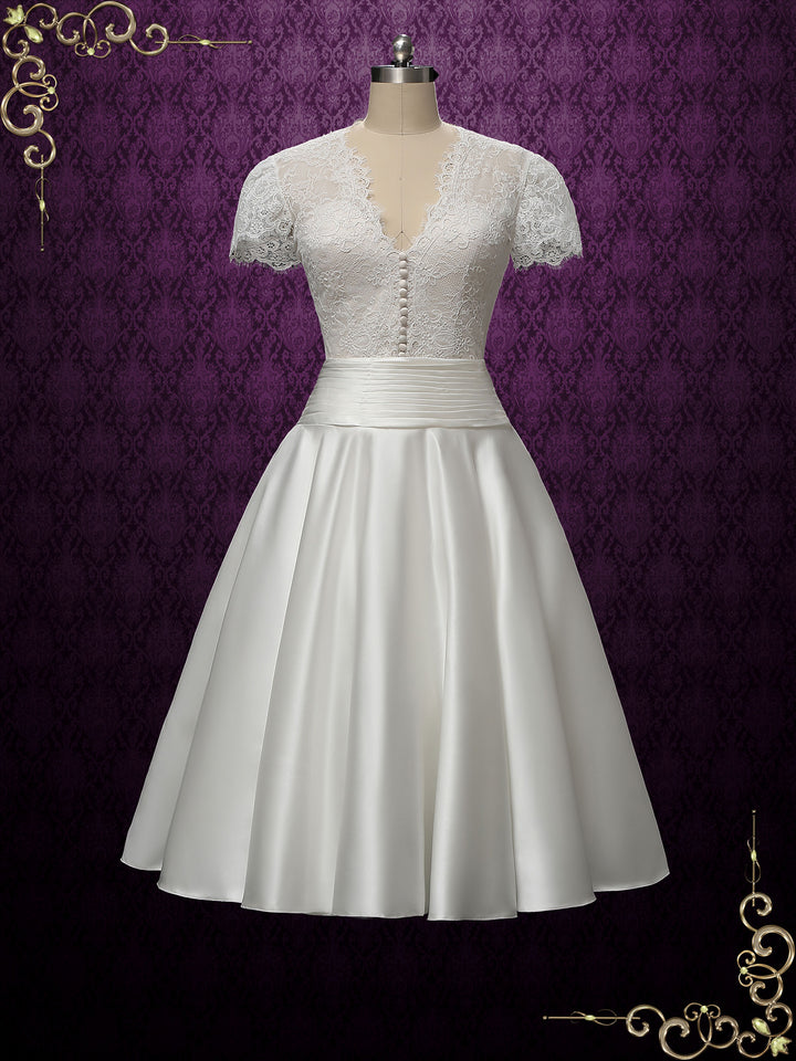 Vintage Style Tea Length Wedding Dress with Short Sleeves | Lily Size 28W / White Vintage Style Tea Length Wedding Dress with Short Sleeves | Lily Size 28W / White