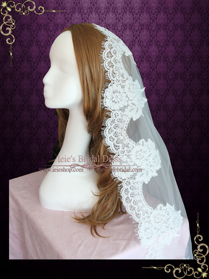 Waltz Length Mantilla Lace Wedding Veil with Eyelash Edge