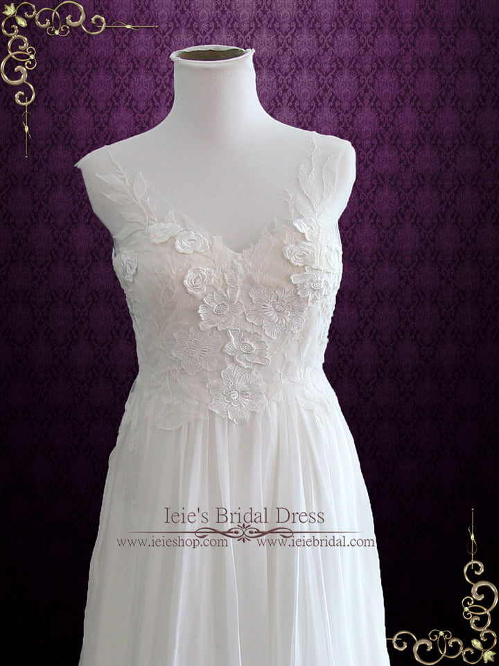 Whimsical Beach Grecian Silk Chiffon Wedding Dress with Floral Lace Appliques | TARA