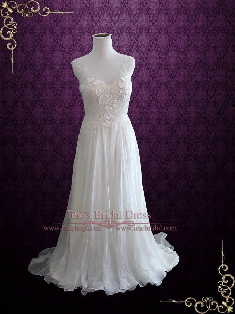 Whimsical Beach Grecian Silk Chiffon Wedding Dress with Floral Lace Appliques | TARA