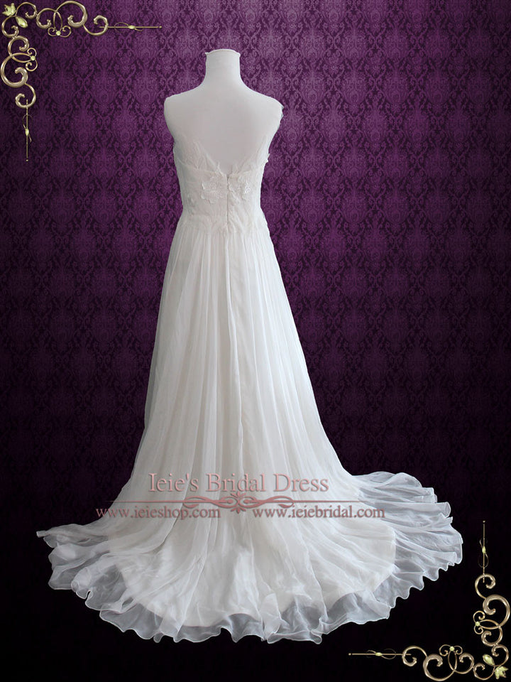 Whimsical Beach Grecian Silk Chiffon Wedding Dress with Floral Lace Appliques | TARA