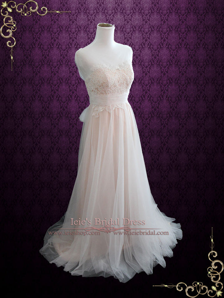 Blush Boho Beach Lace Wedding Dress with Illusion Neckline SARA