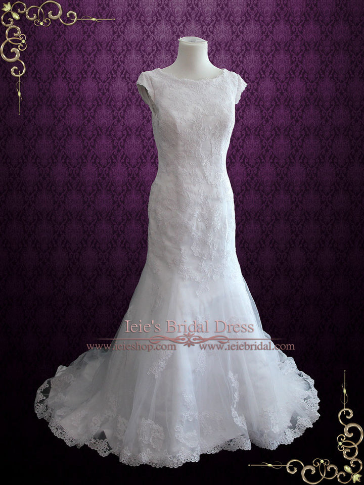 Modest Lace Fit and Flare Wedding Dress with Cap Sleeves JOSEPHINE